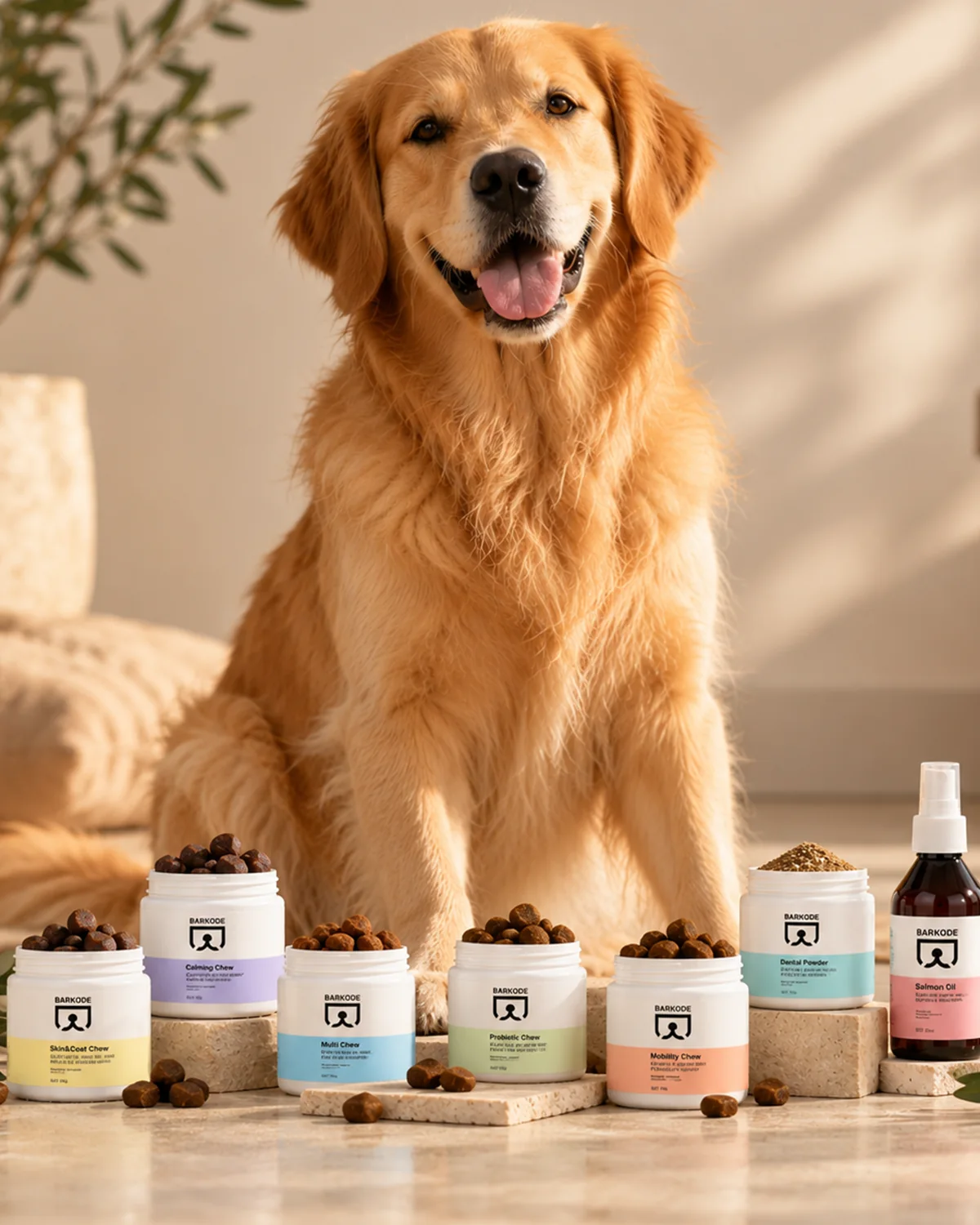 Golden retriever ül a teljes Barkode dobozválaszték mögött