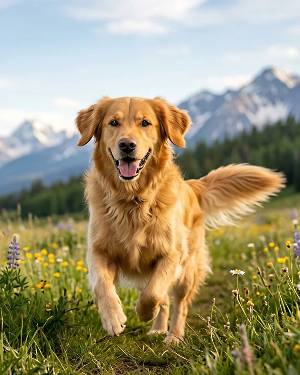 Golden retriever boldogan fut egy hegyi réten
